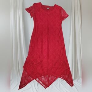 Helene Blake Red Lace Handkerchief Hem Dress Lined Boho Romantic